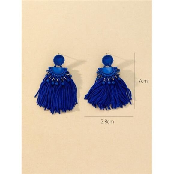 WOMEN'S Blue Bead & Geometric Metal Tassel Drop Earrings - Picture 2 of 3